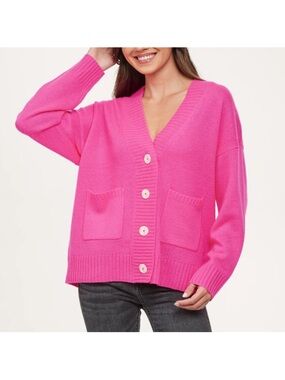 Filoro Emma Cashmere Boyfriend Cardigan Sweater In Neon Pink Size Large